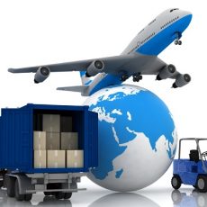 airliner with a globe and autoloader with boxes in a container