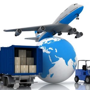 airliner with a globe and autoloader with boxes in a container