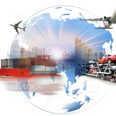 Global business of import export, Business logistics concept , The trailer transports cars on highway with big city background , maritime shipping , On-time delivery